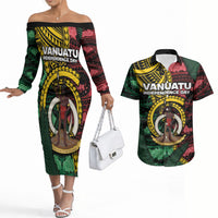 Personalised Vanuatu Independence Day Couples Matching Off The Shoulder Long Sleeve Dress and Hawaiian Shirt Boar Tusk Warrior Tribal Floral Patterns DT05 Multicolor - Polynesian Pride