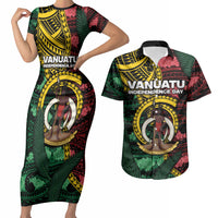 Personalised Vanuatu Independence Day Couples Matching Short Sleeve Bodycon Dress and Hawaiian Shirt Boar Tusk Warrior Tribal Floral Patterns DT05 Multicolor - Polynesian Pride