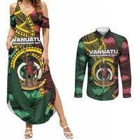 Personalised Vanuatu Independence Day Couples Matching Summer Maxi Dress and Long Sleeve Button Shirt Boar Tusk Warrior Tribal Floral Patterns DT05 Multicolor - Polynesian Pride