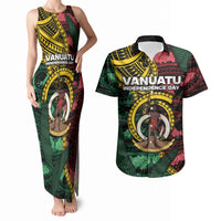 Personalised Vanuatu Independence Day Couples Matching Tank Maxi Dress and Hawaiian Shirt Boar Tusk Warrior Tribal Floral Patterns DT05 Multicolor - Polynesian Pride