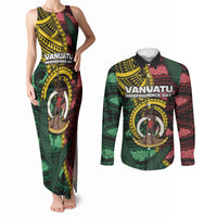 Personalised Vanuatu Independence Day Couples Matching Tank Maxi Dress and Long Sleeve Button Shirt Boar Tusk Warrior Tribal Floral Patterns DT05 Multicolor - Polynesian Pride