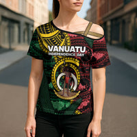 Personalised Vanuatu Independence Day Cross Shoulder Shirt Boar Tusk Warrior Tribal Floral Patterns