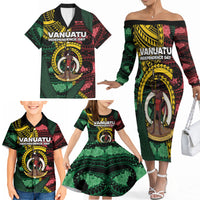 Personalised Vanuatu Independence Day Family Matching Off The Shoulder Long Sleeve Dress and Hawaiian Shirt Boar Tusk Warrior Tribal Floral Patterns DT05 - Polynesian Pride