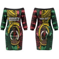 Personalised Vanuatu Independence Day Family Matching Off The Shoulder Long Sleeve Dress and Hawaiian Shirt Boar Tusk Warrior Tribal Floral Patterns DT05 Mom's Dress Multicolor - Polynesian Pride