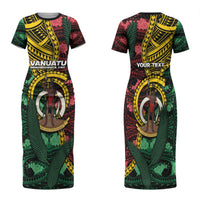 Personalised Vanuatu Independence Day Family Matching Short Sleeve Bodycon Dress and Hawaiian Shirt Boar Tusk Warrior Tribal Floral Patterns DT05 Mom's Dress Multicolor - Polynesian Pride