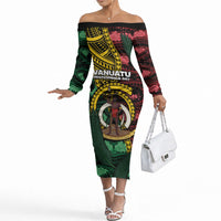 Personalised Vanuatu Independence Day Off The Shoulder Long Sleeve Dress Boar Tusk Warrior Tribal Floral Patterns DT05 Women Multicolor - Polynesian Pride