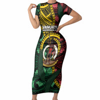 Personalised Vanuatu Independence Day Short Sleeve Bodycon Dress Boar Tusk Warrior Tribal Floral Patterns DT05 Long Dress Multicolor - Polynesian Pride