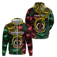 Personalised Vanuatu Independence Day Zip Hoodie Boar Tusk Warrior Tribal Floral Patterns