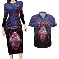 Personalised Guam Couples Matching Long Sleeve Bodycon Dress and Hawaiian Shirt Chamorro Seal Tribal Scratch Design - Polynesian Pride