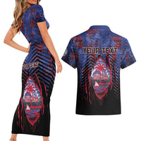 Personalised Guam Couples Matching Short Sleeve Bodycon Dress and Hawaiian Shirt Chamorro Seal Tribal Scratch Design - Polynesian Pride