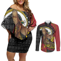Personalised Papua New Guinea Language Week Couples Matching Off Shoulder Short Dress and Long Sleeve Button Shirt Bird Of Paradise Tribal Floral Pattern DT05 Black - Polynesian Pride