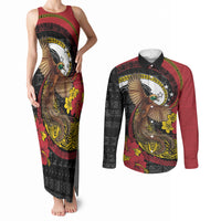 Personalised Papua New Guinea Language Week Couples Matching Tank Maxi Dress and Long Sleeve Button Shirt Bird Of Paradise Tribal Floral Pattern DT05 Black - Polynesian Pride