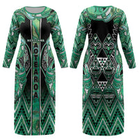 Aotearoa Ngati Awa Couples Matching Long Sleeve Bodycon Dress and Long Sleeve Button Shirt Maori Tribal Green Marble Paua Shell Pattern DT05 - Polynesian Pride