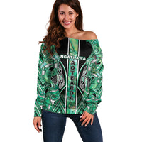Aotearoa Ngati Awa Off Shoulder Sweater Maori Tribal Green Marble Paua Shell Pattern DT05 Women Green - Polynesian Pride