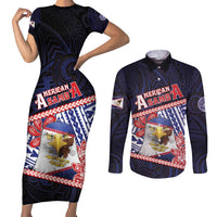 Personalized American Samoa Couples Matching Short Sleeve Bodycon Dress and Long Sleeve Button Shirt Bald Eagle With Polynesian Pattern - Polynesian Pride