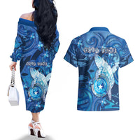 Personalised Northern Mariana Islands Couples Matching Off The Shoulder Long Sleeve Dress and Hawaiian Shirt Galaxy Polynesian Shark Tattoo - Polynesian Pride