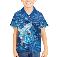 Personalised Northern Mariana Islands Family Matching Short Sleeve Bodycon Dress and Hawaiian Shirt Galaxy Polynesian Shark Tattoo DT05 Son's Shirt Blue - Polynesian Pride