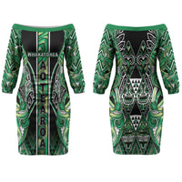 Aotearoa Whakatohea Family Matching Off The Shoulder Long Sleeve Dress and Hawaiian Shirt Maori Tribal Green Abalone Paua Shell Pattern DT05 Mom's Dress Green - Polynesian Pride