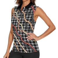 Hawaii Palaka Niihau Shell Lei Women Sleeveless Polo Shirt Tropical Island Plaid Patterns