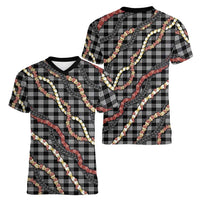 Hawaii Palaka Niihau Shell Lei Women V-Neck T-Shirt Tropical Island Plaid Patterns