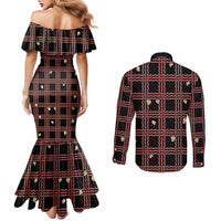 Hawaii Palaka Kahelelani Shell Lei Costume Couples Matching Mermaid Dress and Long Sleeve Button Shirt Plaid Patterns