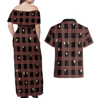 Hawaii Palaka Kahelelani Shell Lei Costume Couples Matching Off Shoulder Maxi Dress and Hawaiian Shirt Plaid Patterns