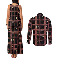 Hawaii Palaka Kahelelani Shell Lei Costume Couples Matching Tank Maxi Dress and Long Sleeve Button Shirt Plaid Patterns