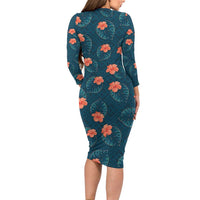 Hawaii Monstera Long Sleeve Bodycon Dress Hibiscus Flowers Simple Style - Polynesian Pride