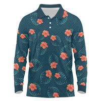Hawaii Monstera Long Sleeve Polo Shirt Hibiscus Flowers Simple Style DT05 Dark Teal - Polynesian Pride