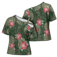 Hawaii Cross Shoulder Shirt Green Polynesian Monstera Patterns - Polynesian Pride