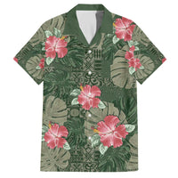Hawaii Family Matching Off The Shoulder Long Sleeve Dress and Hawaiian Shirt Green Polynesian Monstera Patterns - Polynesian Pride
