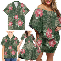 Hawaii Family Matching Off Shoulder Short Dress and Hawaiian Shirt Green Polynesian Monstera Patterns DT05 - Polynesian Pride
