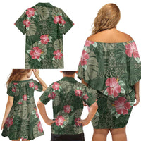 Hawaii Family Matching Off Shoulder Short Dress and Hawaiian Shirt Green Polynesian Monstera Patterns DT05 - Polynesian Pride
