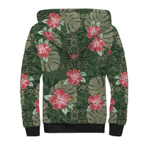 Hawaii Sherpa Hoodie Green Polynesian Monstera Patterns - Polynesian Pride