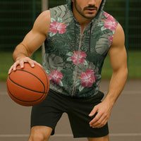 Hawaii Sleeveless Zip Hoodie Green Polynesian Monstera Patterns - Polynesian Pride