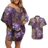 Hawaii Couples Matching Off Shoulder Short Dress and Hawaiian Shirt Purple Polynesian Monstera Patterns - Polynesian Pride