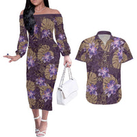 Hawaii Couples Matching Off The Shoulder Long Sleeve Dress and Hawaiian Shirt Purple Polynesian Monstera Patterns - Polynesian Pride