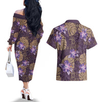 Hawaii Couples Matching Off The Shoulder Long Sleeve Dress and Hawaiian Shirt Purple Polynesian Monstera Patterns - Polynesian Pride