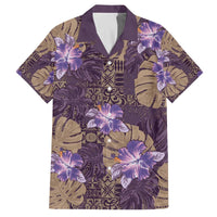 Hawaii Family Matching Off The Shoulder Long Sleeve Dress and Hawaiian Shirt Purple Polynesian Monstera Patterns - Polynesian Pride