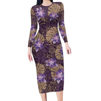Hawaii Long Sleeve Bodycon Dress Purple Polynesian Monstera Patterns DT05 Long Dress Purple - Polynesian Pride
