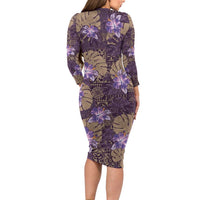 Hawaii Long Sleeve Bodycon Dress Purple Polynesian Monstera Patterns DT05 - Polynesian Pride