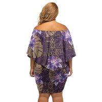 Hawaii Off Shoulder Short Dress Purple Polynesian Monstera Patterns - Polynesian Pride