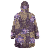 Hawaii Wearable Blanket Hoodie Purple Polynesian Monstera Patterns - Polynesian Pride