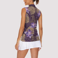 Hawaii Women Sleeveless Polo Shirt Purple Polynesian Monstera Patterns - Polynesian Pride