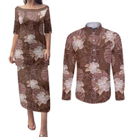 Hawaii Couples Matching Puletasi and Long Sleeve Button Shirt Brown Polynesian Monstera Patterns - Polynesian Pride