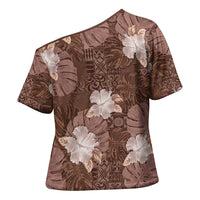 Hawaii Cross Shoulder Shirt Brown Polynesian Monstera Patterns - Polynesian Pride
