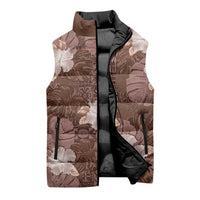Hawaii Sleeveless Puffer Jacket Brown Polynesian Monstera Patterns - Polynesian Pride