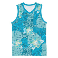 Hawaii Basketball Jersey Teal Polynesian Monstera Patterns - Polynesian Pride