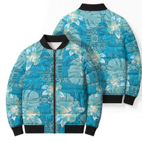 Hawaii Bomber Puffer Jacket Teal Polynesian Monstera Patterns - Polynesian Pride