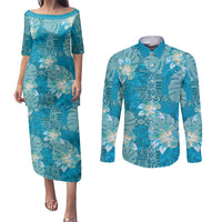 Hawaii Couples Matching Puletasi and Long Sleeve Button Shirt Teal Polynesian Monstera Patterns - Polynesian Pride